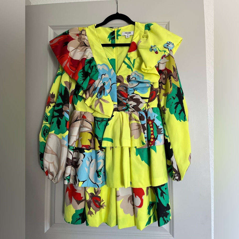 Christopher John Rogers Neon Yellow Floral Mini Dress